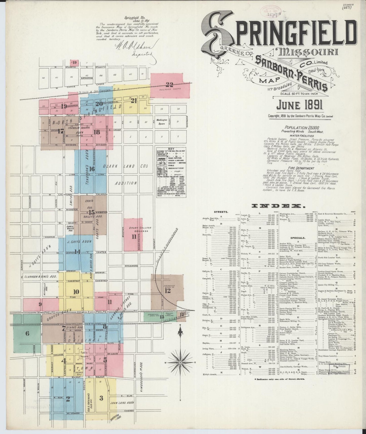 Sanborn Fire Insurance Map from Springfield, Greene County, Missouri (1891), Sheet #0001 - Historic Sanborn Fire Insurance Map Print, vintage old map wall art, antique decor, genealogy gift, Missouri Missouri map