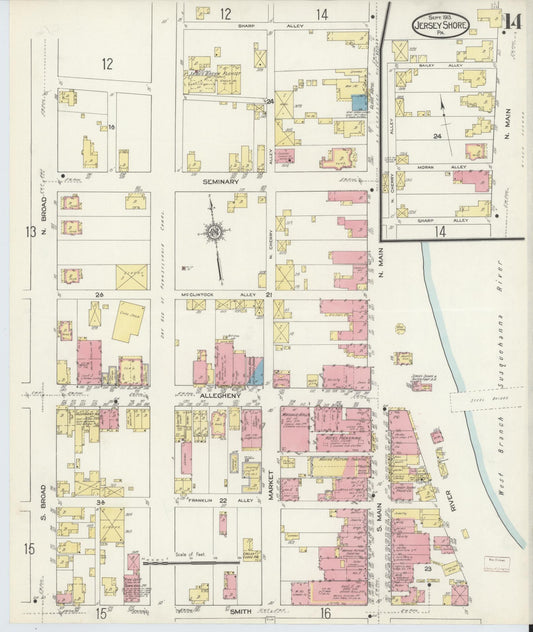 Sanborn Fire Insurance Map from Jersey Shore, Lycoming County, Pennsylvania (1913), Sheet #0014 - Historic Sanborn Fire Insurance Map Print, vintage old map wall art, antique decor, genealogy gift, Pennsylvania Pennsylvania map