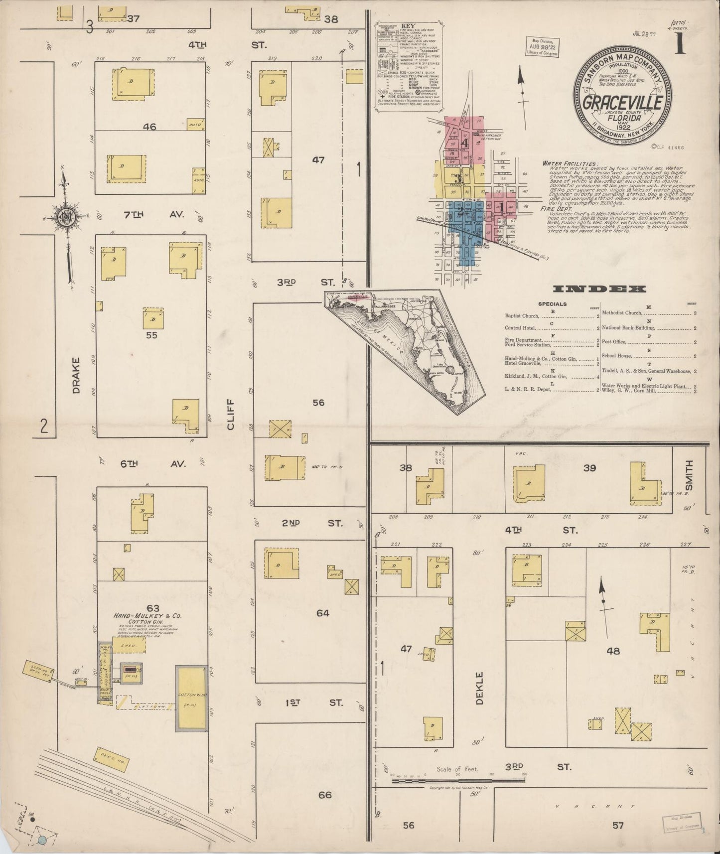 Sanborn Fire Insurance Map from Graceville, Jackson County, Florida (1922), Sheet #0001 - Historic Sanborn Fire Insurance Map Print, vintage old map wall art, antique decor, genealogy gift, Florida Florida map