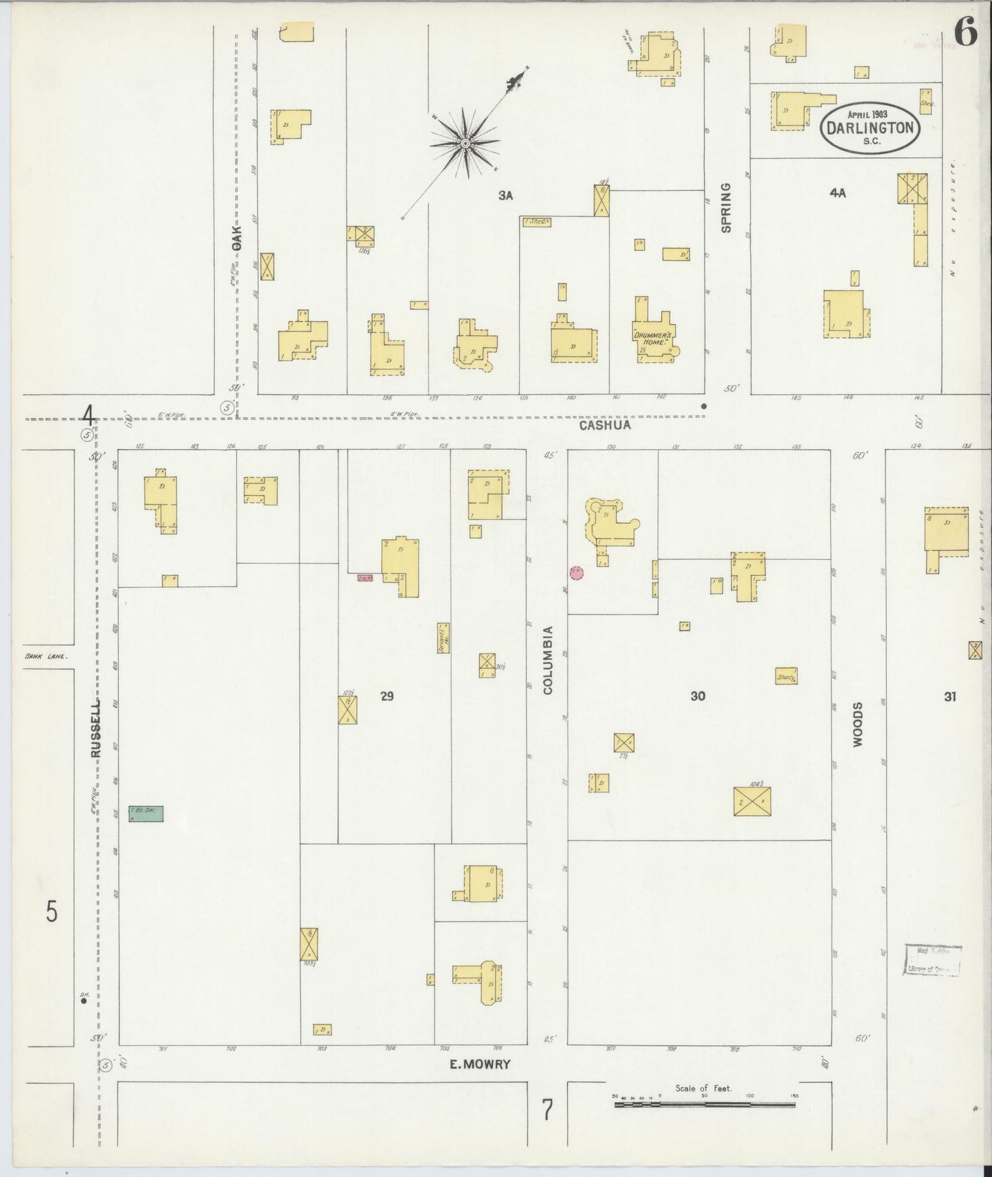 Sanborn Fire Insurance Map from Darlington, Darlington County, South Carolina (1903), Sheet #0006 - Complete Map Set gallery image, historic Sanborn map, vintage wall art, South Carolina South Carolina