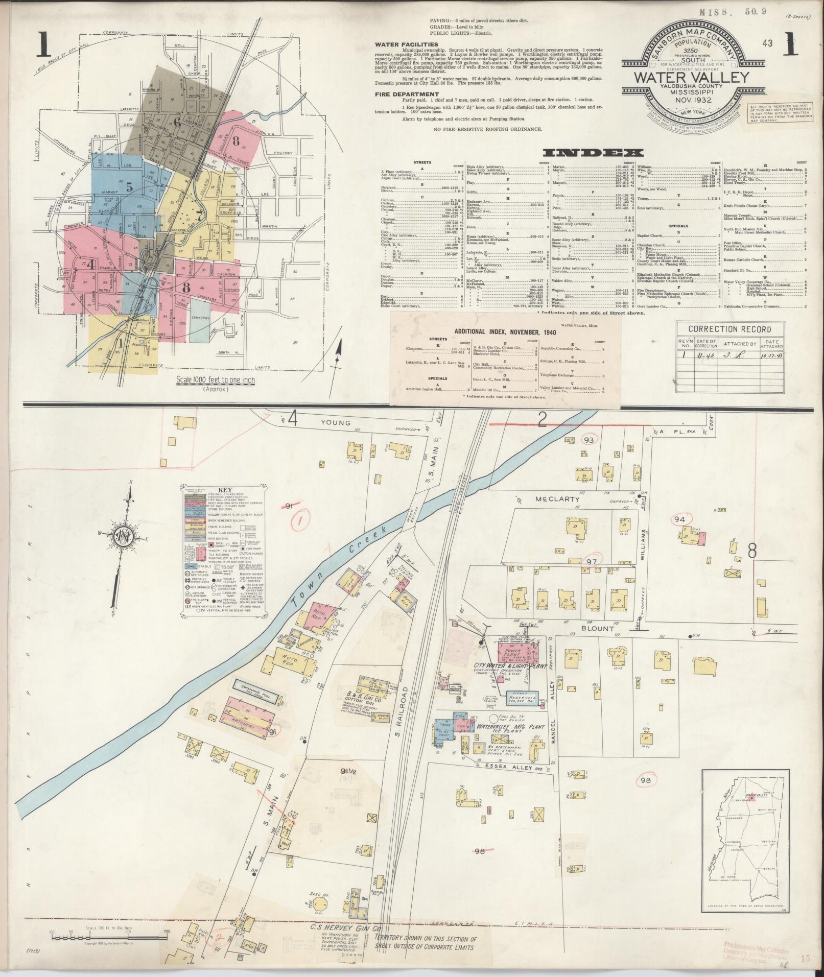 Sanborn Fire Insurance Map from Water Valley, Yalobusha County, Mississippi (1940), Sheet #0001 - Historic Sanborn Fire Insurance Map Print, vintage old map wall art, antique decor, genealogy gift, Mississippi Mississippi map