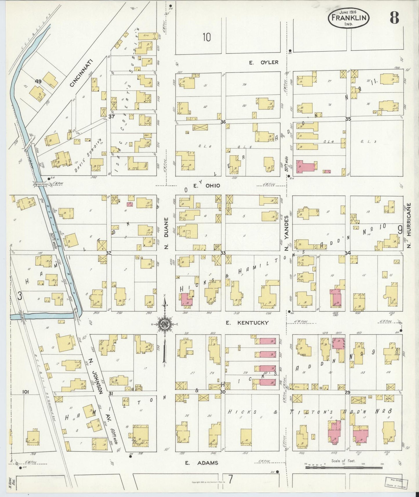 Sanborn Fire Insurance Map from Franklin, Johnson County, Indiana (1916), Sheet #0008 - Historic Sanborn Fire Insurance Map Print, vintage old map wall art, antique decor, genealogy gift, Indiana Indiana map