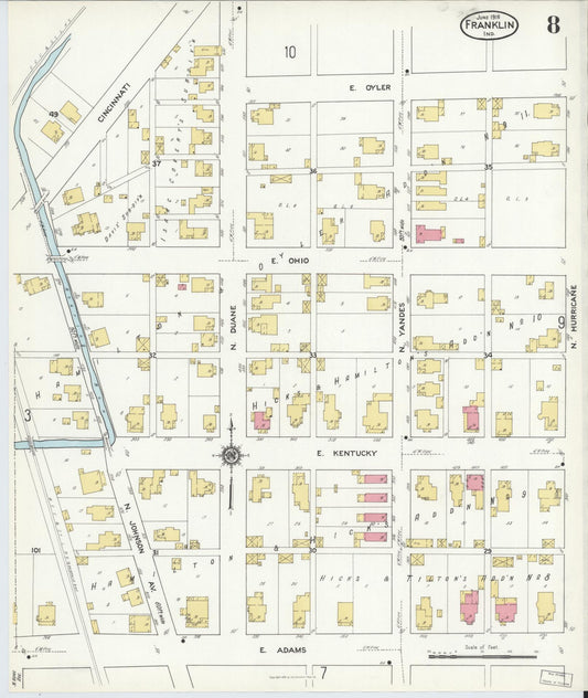 Sanborn Fire Insurance Map from Franklin, Johnson County, Indiana (1916), Sheet #0008 - Historic Sanborn Fire Insurance Map Print, vintage old map wall art, antique decor, genealogy gift, Indiana Indiana map