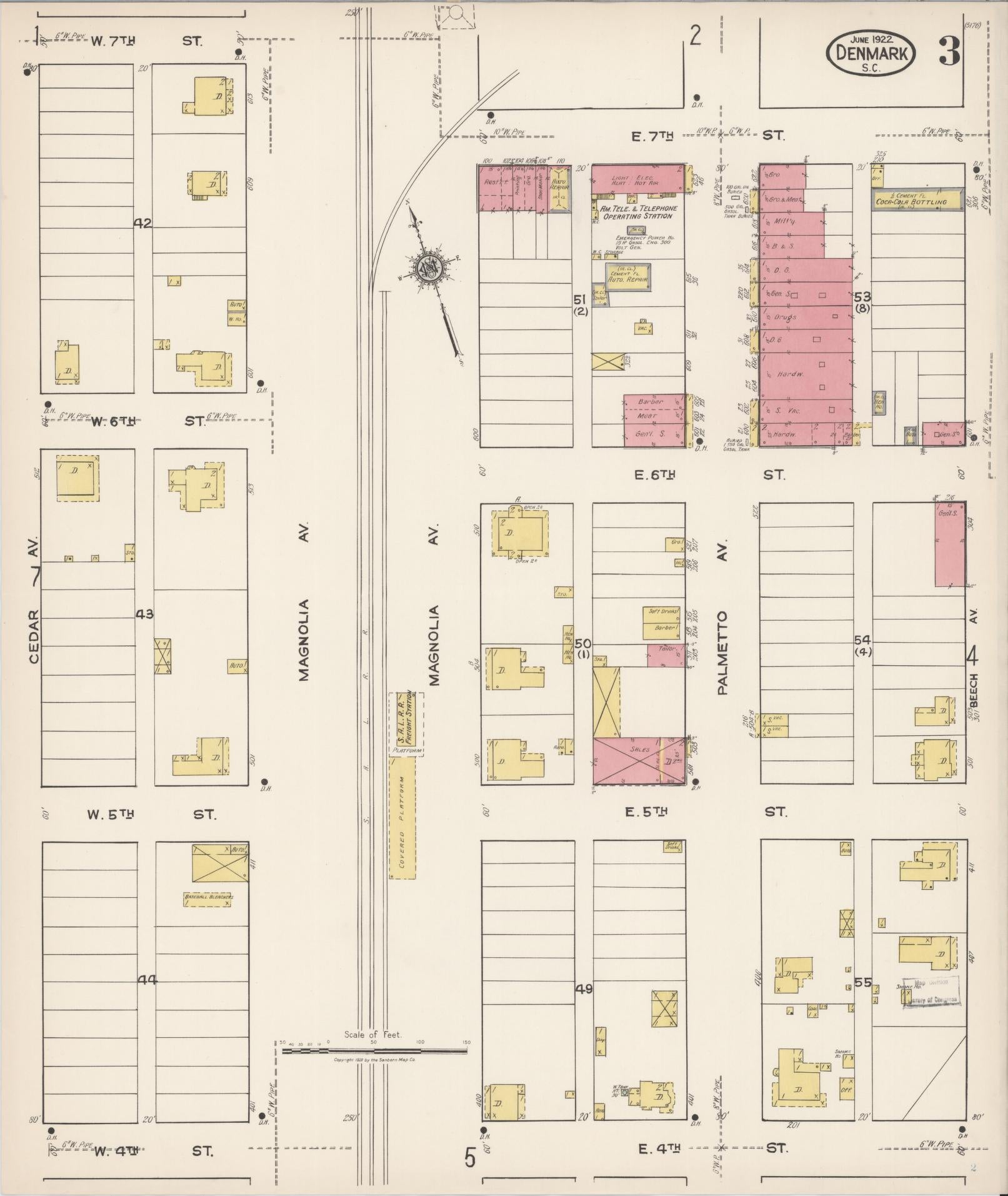 Sanborn Fire Insurance Map from Denmark, Bamberg County, South Carolina (1922), Sheet #0003 - Complete Map Set gallery image, historic Sanborn map, vintage wall art, South Carolina South Carolina