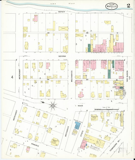 Sanborn Fire Insurance Map from Wapello, Louisa County, Iowa (1909), Sheet #0002 - Historic Sanborn Fire Insurance Map Print, vintage old map wall art
