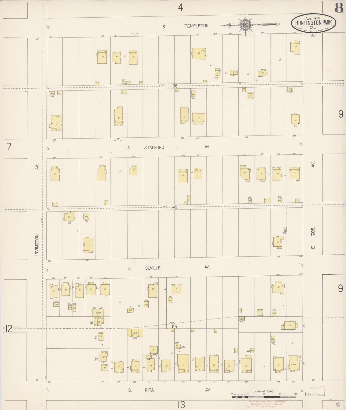 Sanborn Fire Insurance Map from Huntington Park, Los Angeles County, California (1916), Sheet #0008 - Complete Map Set gallery image, historic Sanborn map, vintage wall art, California California