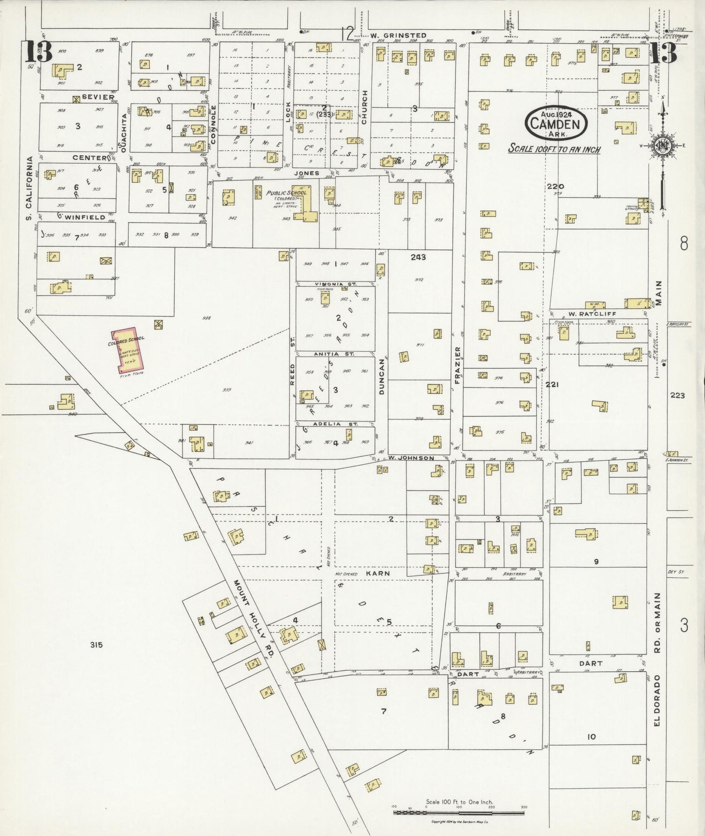 Sanborn Fire Insurance Map from Camden, Ouachita County, Arkansas (1924), Sheet #0013 - Complete Map Set gallery image, historic Sanborn map, vintage wall art, Arkansas Arkansas