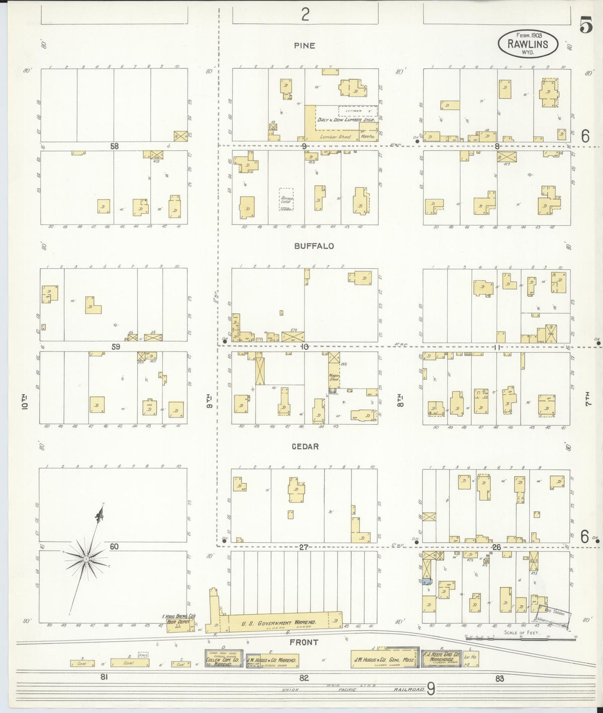 Sanborn Fire Insurance Map from Rawlins, Carbon County, Wyoming (1903), Sheet #0005 - Complete Map Set gallery image, historic Sanborn map, vintage wall art, Wyoming Wyoming