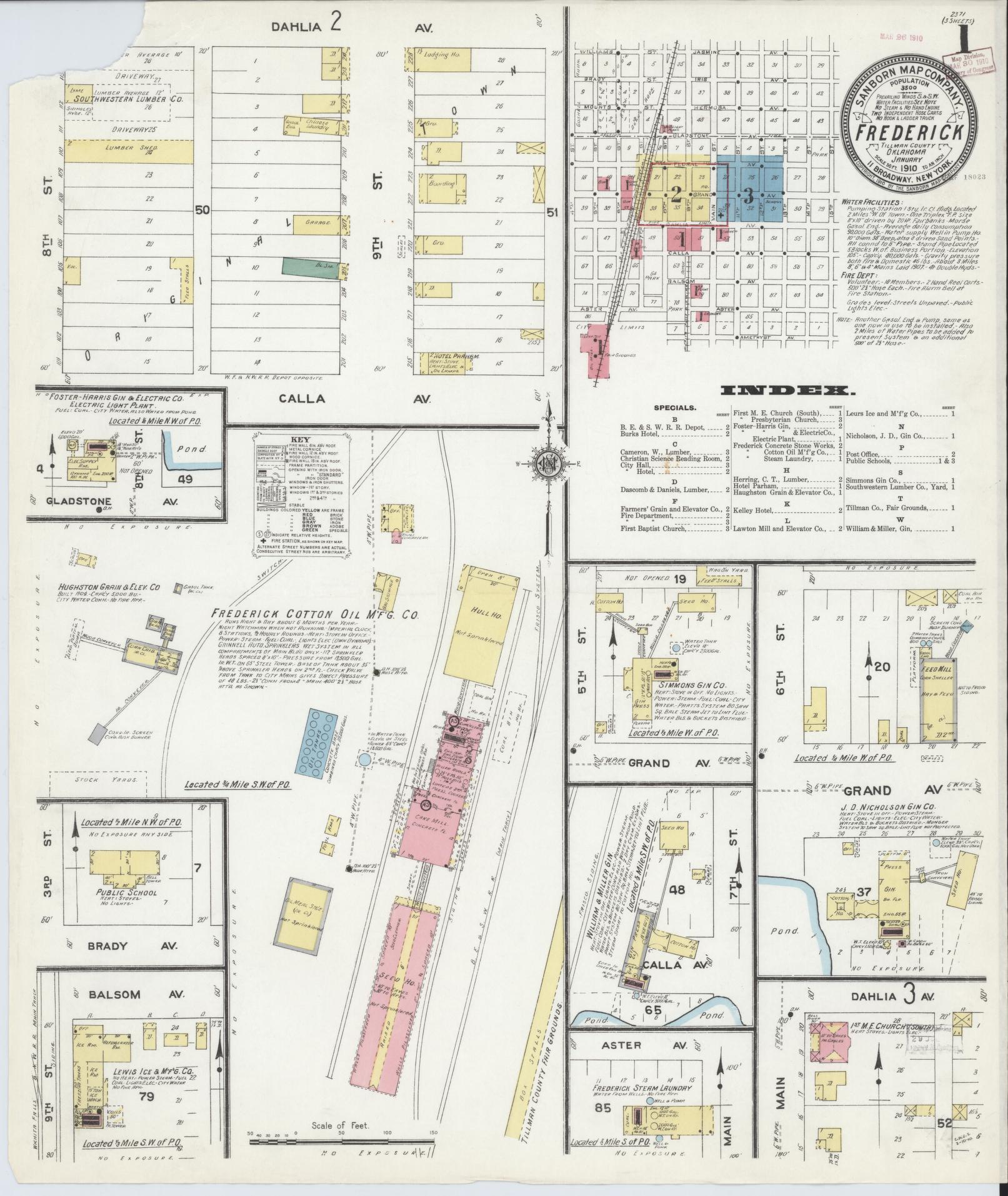 Sanborn Fire Insurance Map from Frederick, Tillman County, Oklahoma (1910), Sheet #0001 - Complete Map Set gallery image, historic Sanborn map, vintage wall art, Oklahoma Oklahoma
