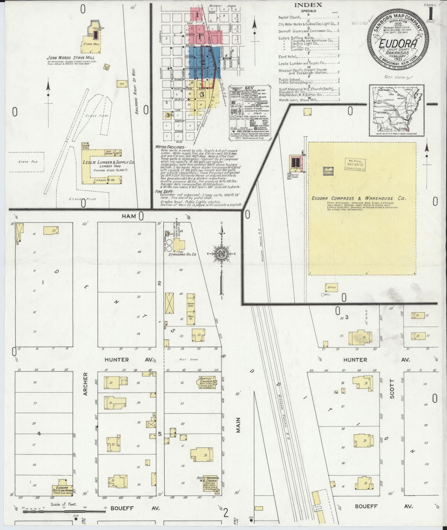 Sanborn Fire Insurance Map from Eudora, Chicot County, Arkansas (1921), Sheet #0001 - Complete Map Set gallery image, historic Sanborn map, vintage wall art, Arkansas Arkansas