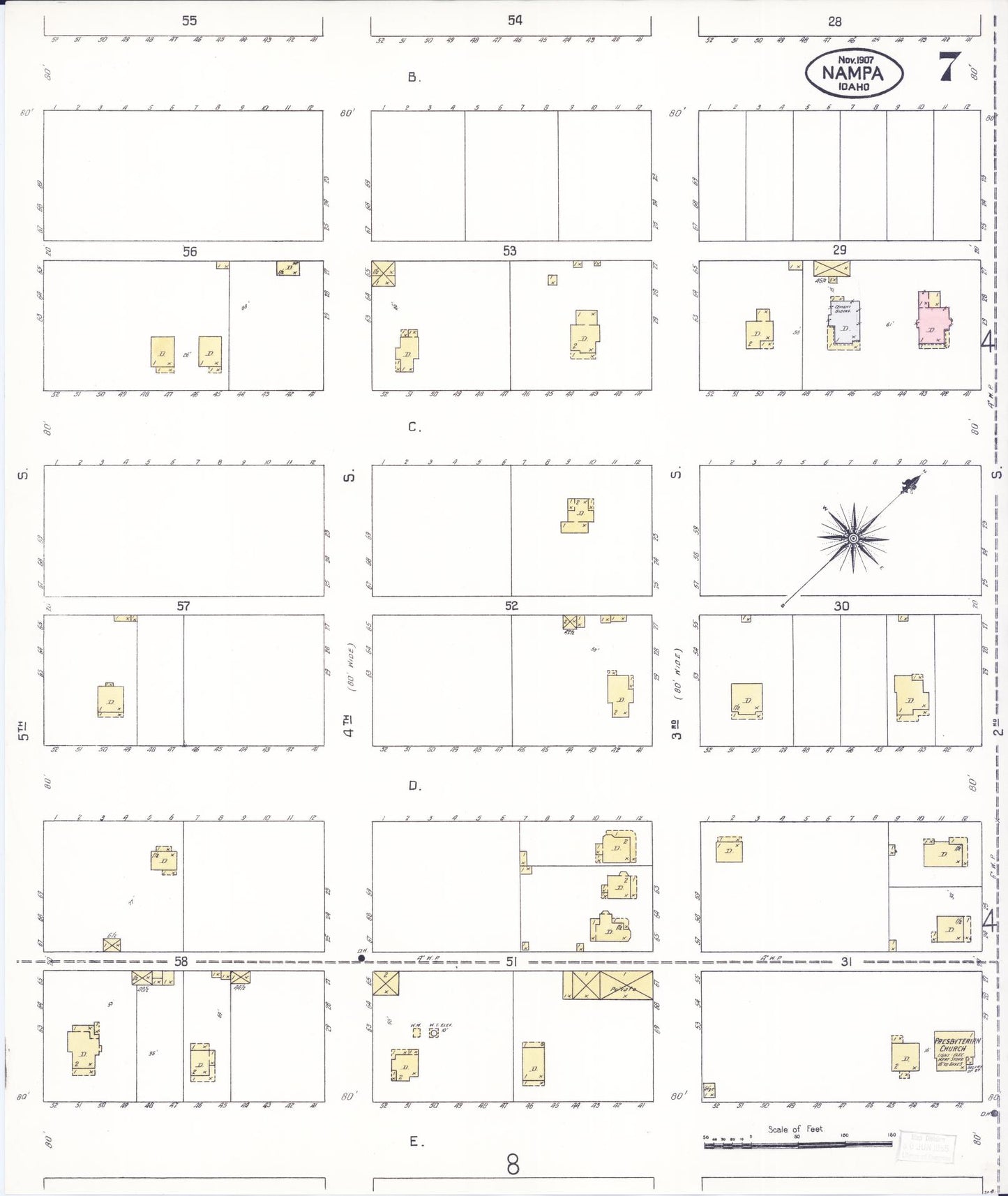 Sanborn Fire Insurance Map from Nampa, Canyon County, Idaho (1907), Sheet #0007 - Complete Map Set gallery image, historic Sanborn map, vintage wall art, Idaho Idaho