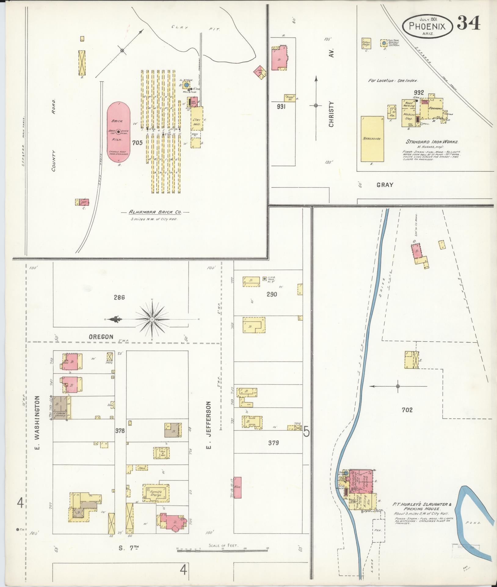 Sanborn Fire Insurance Map from Phoenix, Maricopa County, Arizona (1901), Sheet #0034 - Historic Sanborn Fire Insurance Map Print, vintage old map wall art, antique decor, genealogy gift, Arizona Arizona map