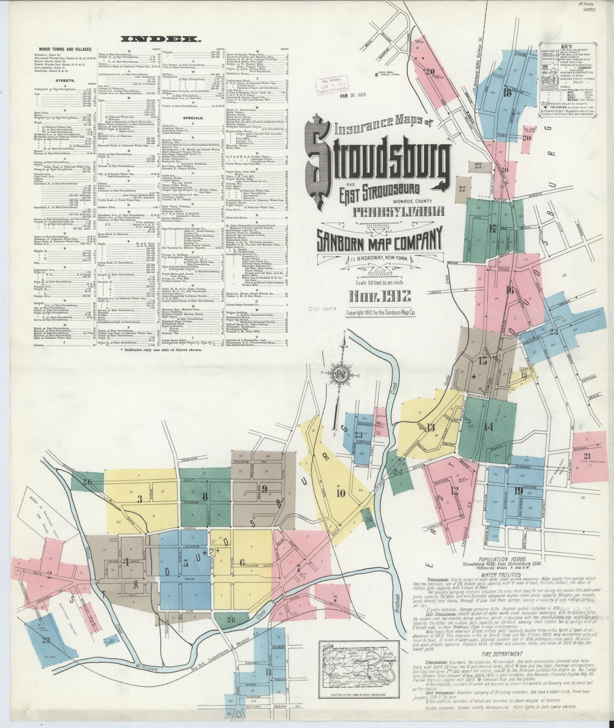 Sanborn Fire Insurance Map from Stroudsburg, Monroe County, Pennsylvania (1912), Sheet #0001 - Historic Sanborn Fire Insurance Map Print, vintage old map wall art, antique decor, genealogy gift, Pennsylvania Pennsylvania map
