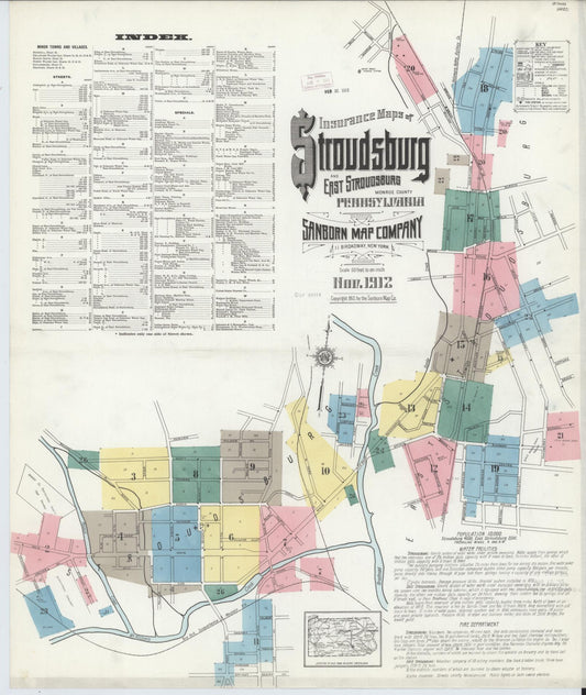 Sanborn Fire Insurance Map from Stroudsburg, Monroe County, Pennsylvania (1912), Sheet #0001 - Historic Sanborn Fire Insurance Map Print, vintage old map wall art, antique decor, genealogy gift, Pennsylvania Pennsylvania map