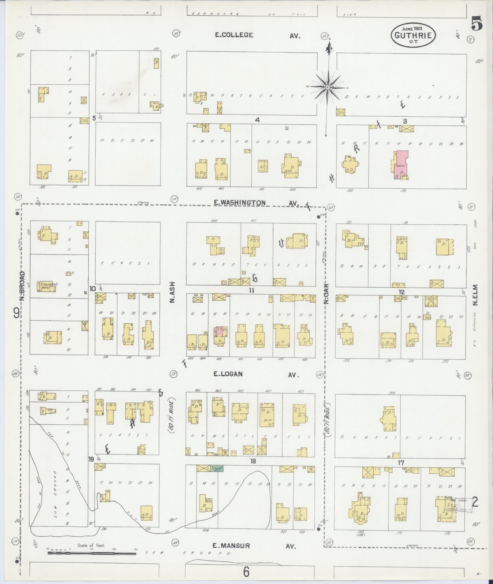 Sanborn Fire Insurance Map from Guthrie, Logan County, Oklahoma (1901), Sheet #0005 - Complete Map Set gallery image, historic Sanborn map, vintage wall art, Oklahoma Oklahoma
