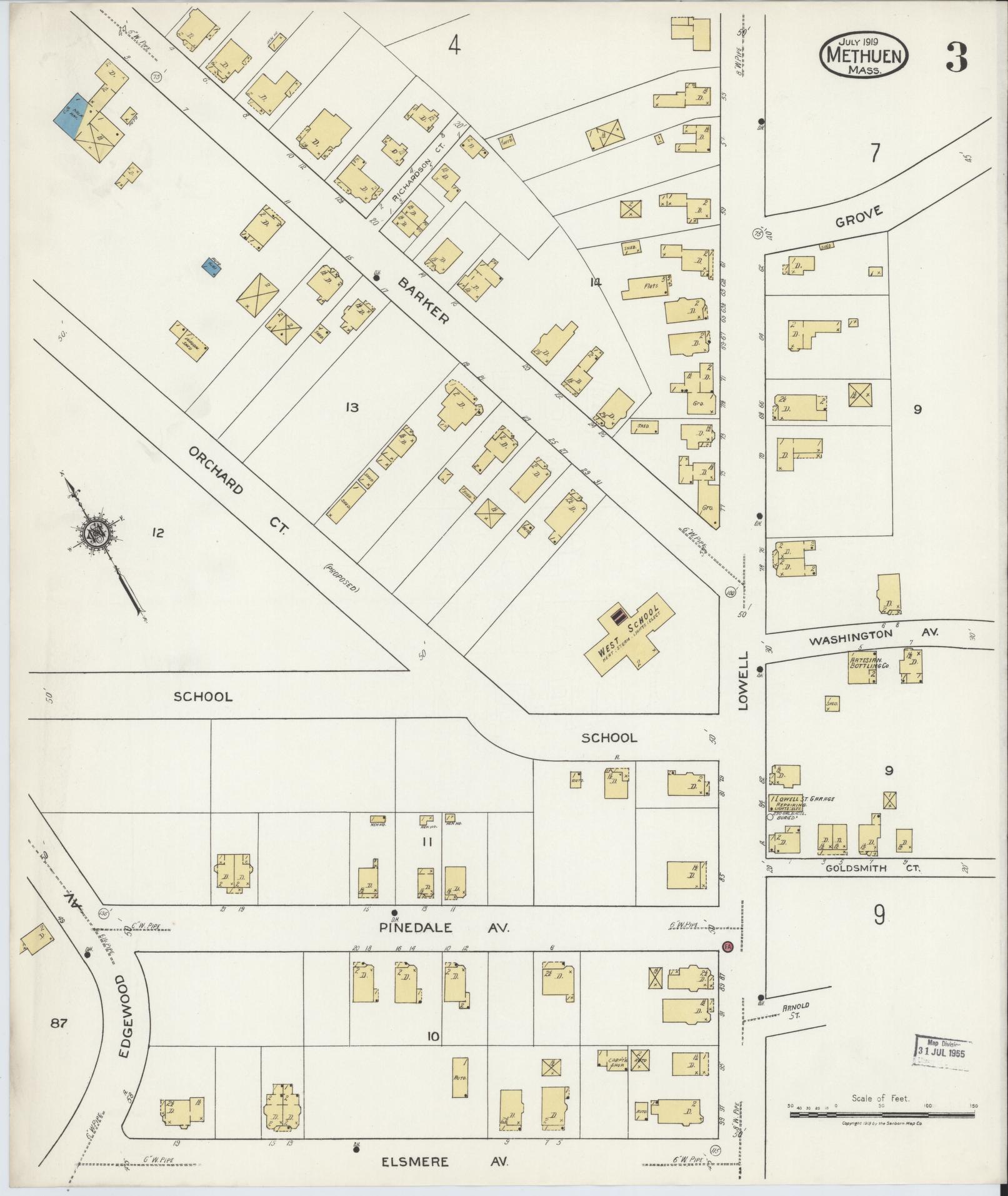 Sanborn Fire Insurance Map from Methuen, Essex County, Massachusetts (1919), Sheet #0003 - Historic Sanborn Fire Insurance Map Print, vintage old map wall art, antique decor, genealogy gift, Massachusetts Massachusetts map