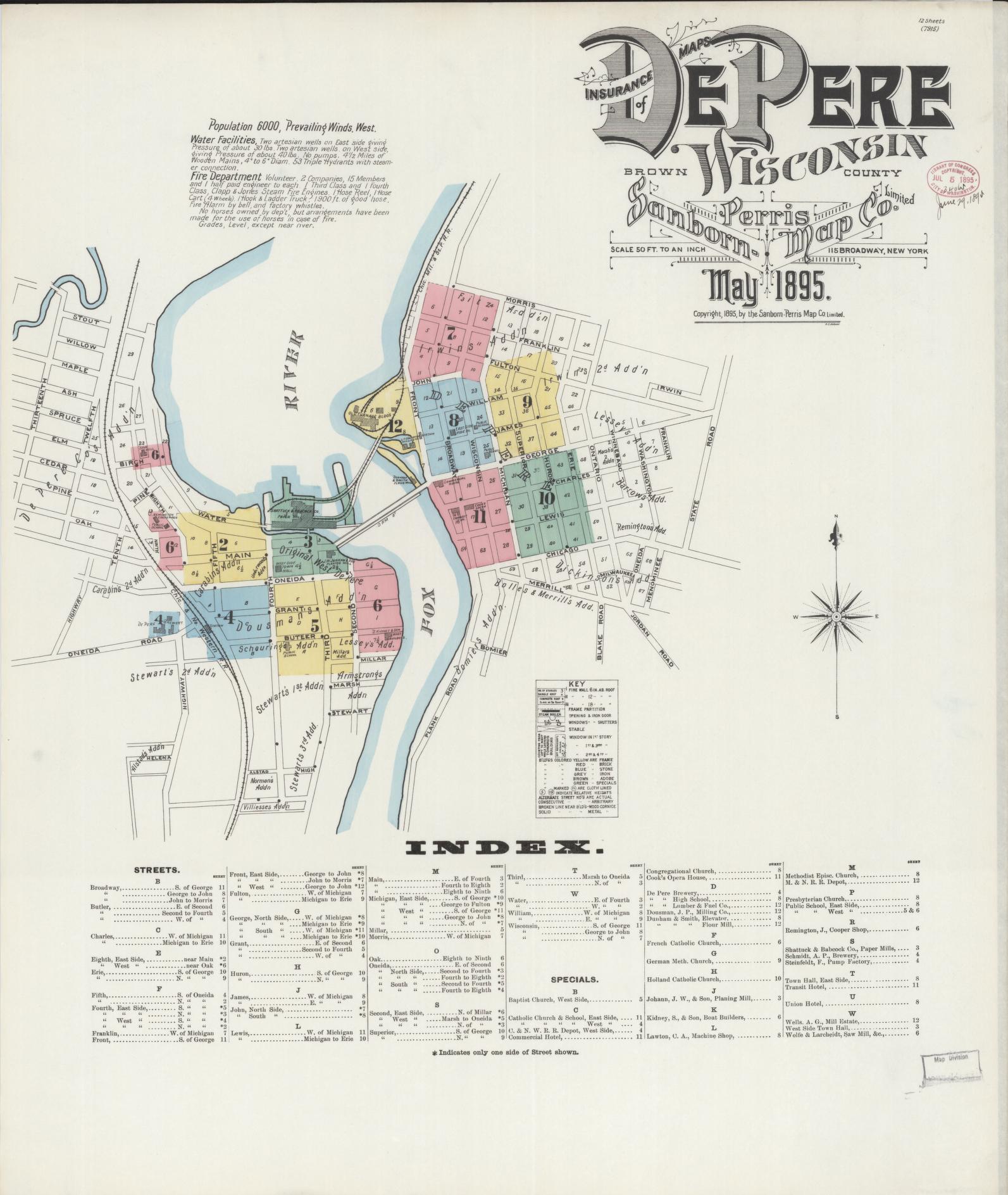Sanborn Fire Insurance Map from De Pere, Brown County, Wisconsin (1895), Sheet #0001 - Complete Map Set gallery image, historic Sanborn map, vintage wall art, Wisconsin Wisconsin
