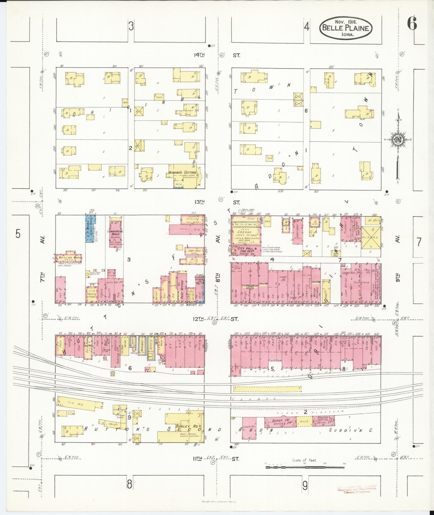 Sanborn Fire Insurance Map from Belle Plaine, Benton County, Iowa (1916), Sheet #0006 - Historic Sanborn Fire Insurance Map Print, vintage old map wall art