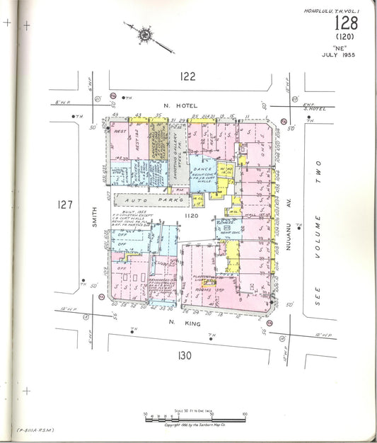 Sanborn Fire Insurance Map from Honolulu, Oahu County, Hawaii (1955), Sheet #0128 - Historic Sanborn Fire Insurance Map Print, vintage old map wall art