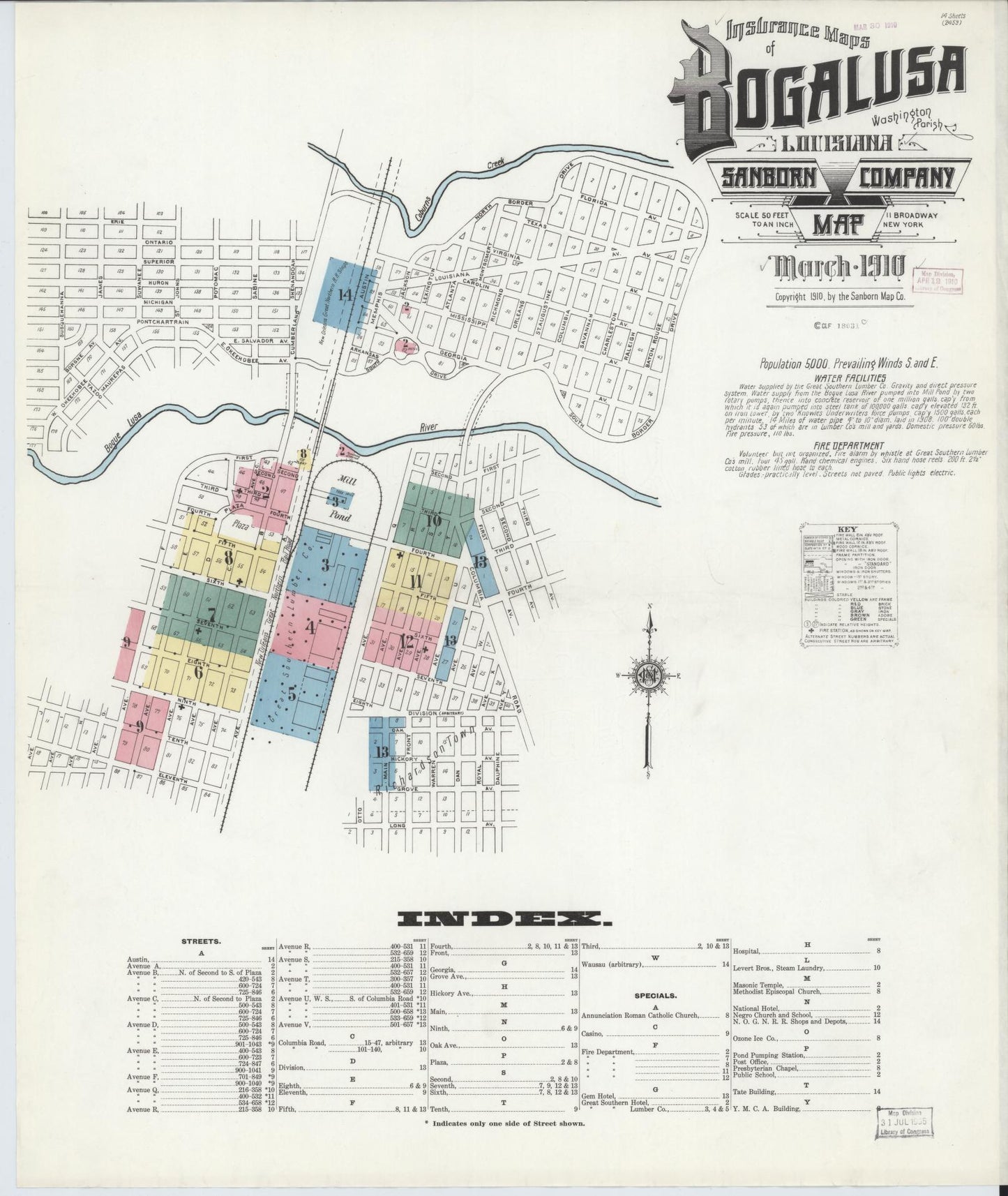 Sanborn Fire Insurance Map from Bogalusa, Washington Parish, Louisiana (1910), Sheet #0001 - Historic Sanborn Fire Insurance Map Print, vintage old map wall art, antique decor, genealogy gift, Louisiana Louisiana map