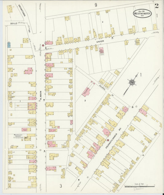 Sanborn Fire Insurance Map from Westminster, Carroll County, Maryland (1910), Sheet #0002 - Historic Sanborn Fire Insurance Map Print, vintage old map wall art