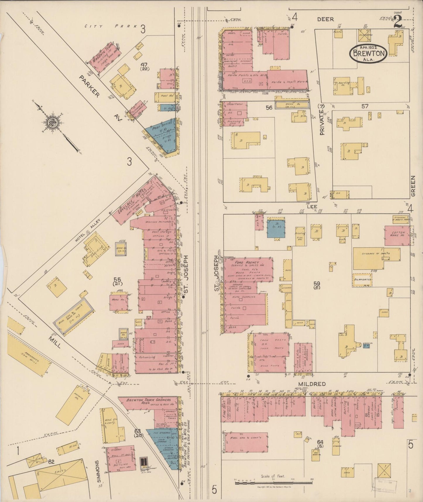 Sanborn Fire Insurance Map from Brewton, Escambia County, Alabama (1922), Sheet #0002 - Complete Map Set gallery image, historic Sanborn map, vintage wall art, Alabama Alabama