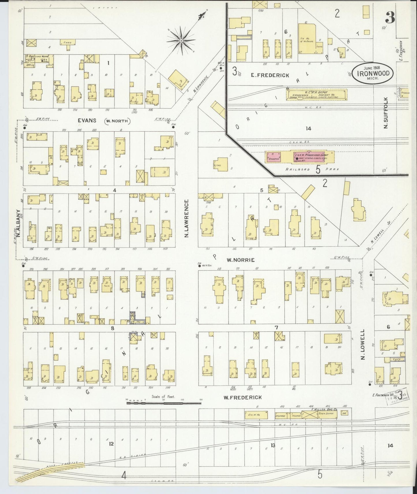 Sanborn Fire Insurance Map from Ironwood, Gogebic County, Michigan (1908), Sheet #0003 - Complete Map Set gallery image, historic Sanborn map, vintage wall art, Michigan Michigan