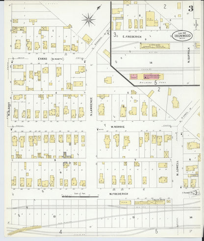 Sanborn Fire Insurance Map from Ironwood, Gogebic County, Michigan (1908), Sheet #0003 - Complete Map Set gallery image, historic Sanborn map, vintage wall art, Michigan Michigan
