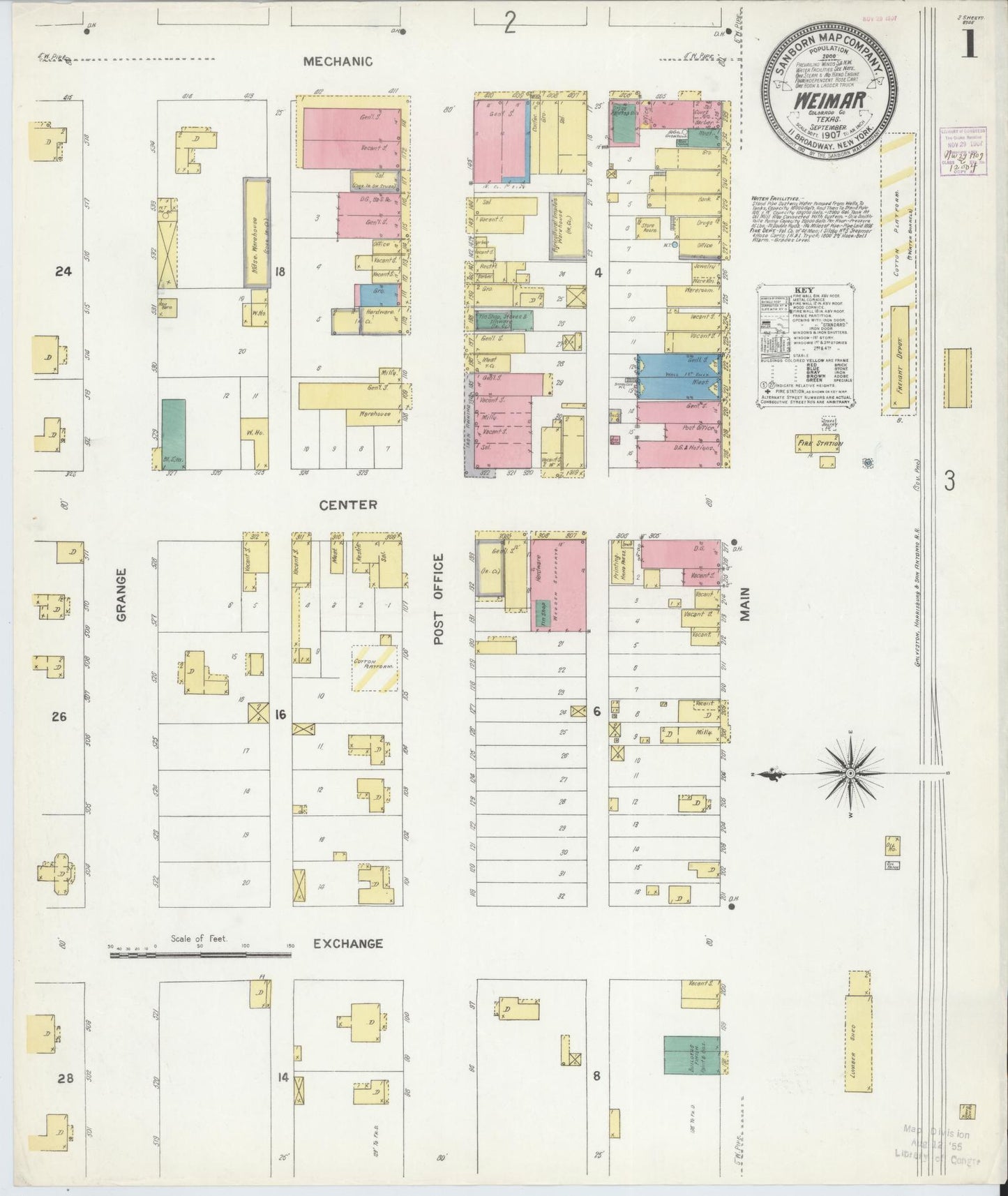 Sanborn Fire Insurance Map from Weimar, Colorado County, Texas (1907), Sheet #0001 - Historic Sanborn Fire Insurance Map Print, vintage old map wall art, antique decor, genealogy gift, Weimar Colorado map