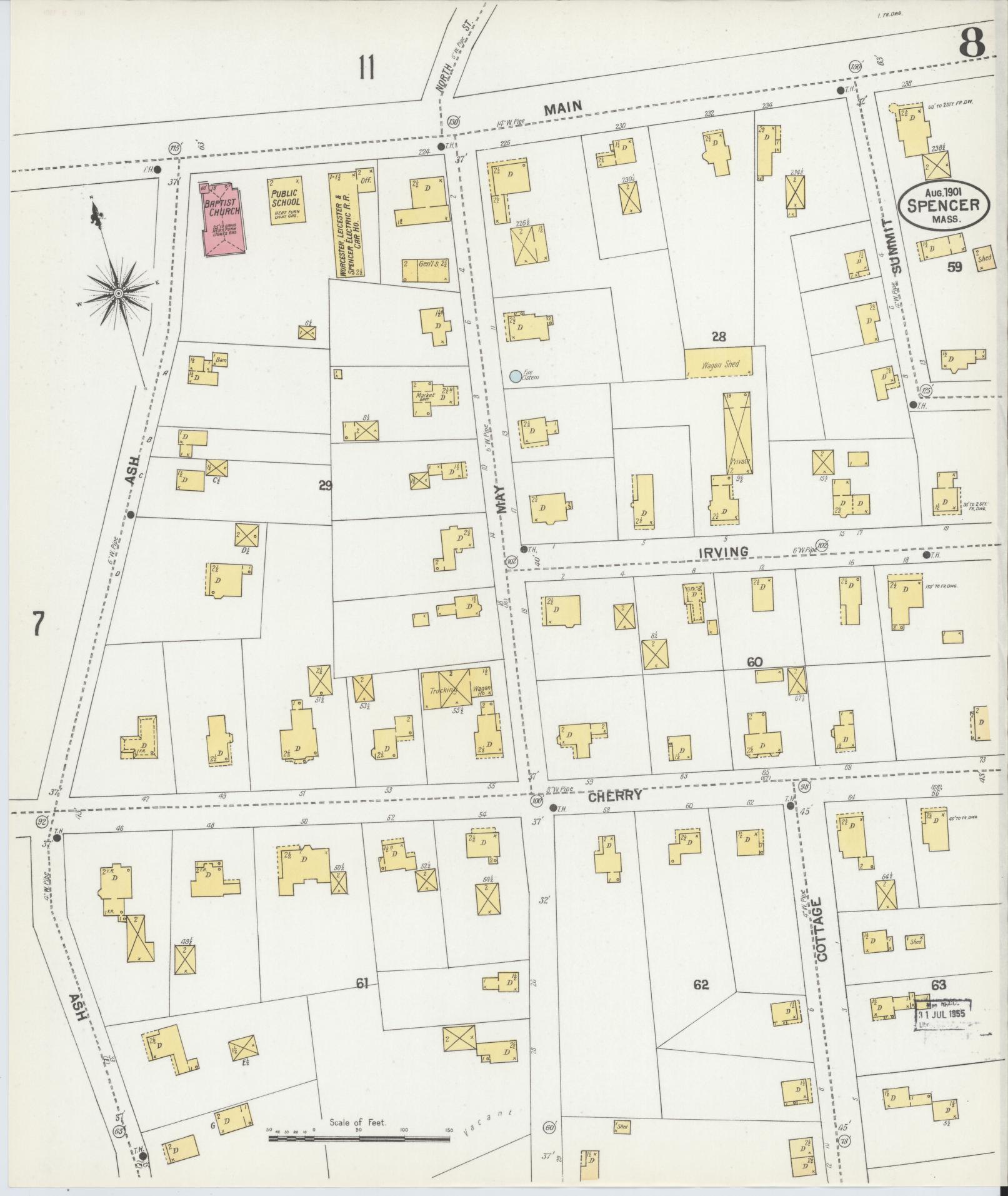Sanborn Fire Insurance Map from Spencer, Worcester County, Massachusetts (1901), Sheet #0008 - Historic Sanborn Fire Insurance Map Print, vintage old map wall art, antique decor, genealogy gift, Massachusetts Massachusetts map