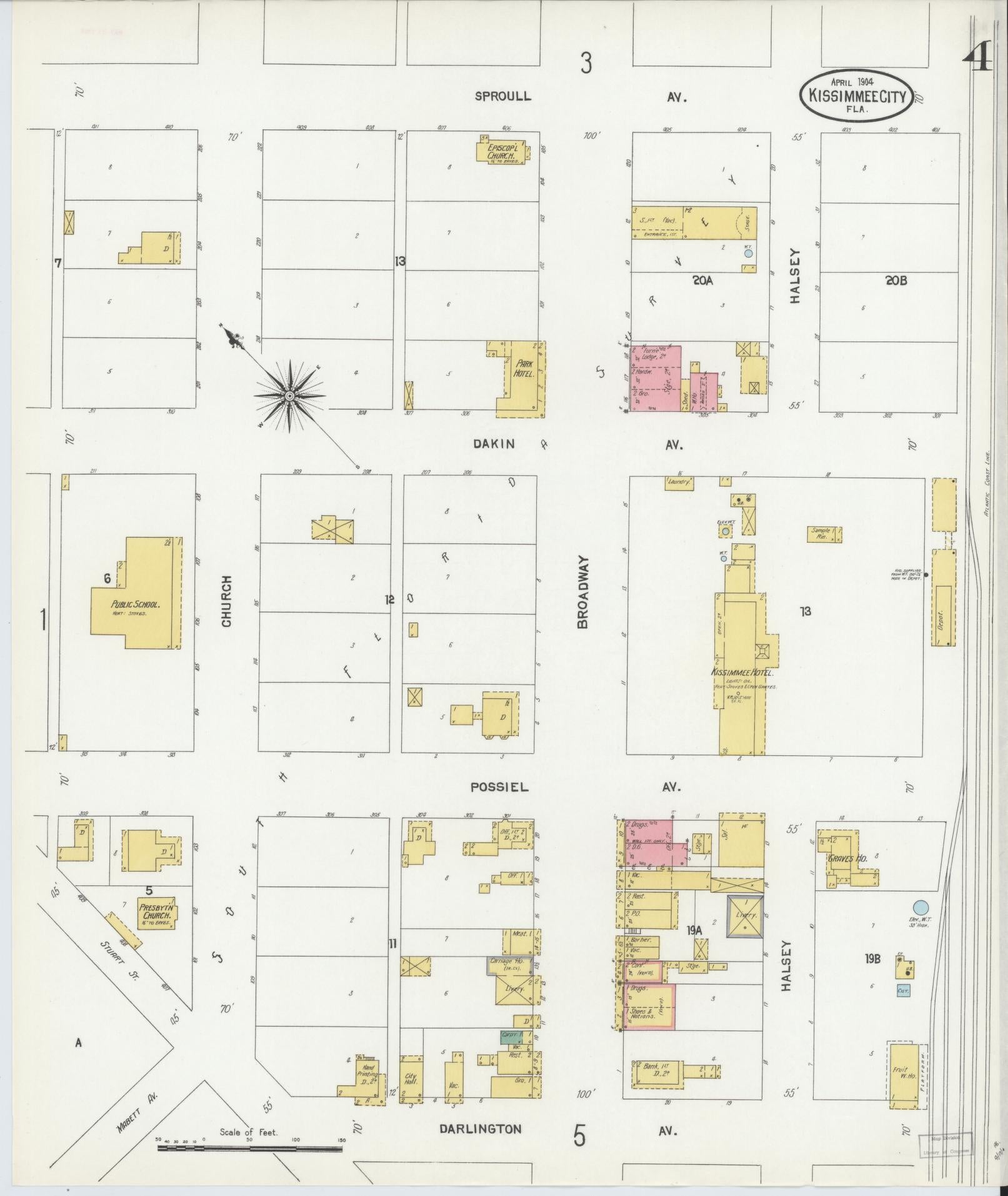 Sanborn Fire Insurance Map from Kissimmee, Osceola County, Florida (1904), Sheet #0004 - Complete Map Set gallery image, historic Sanborn map, vintage wall art, Florida Florida