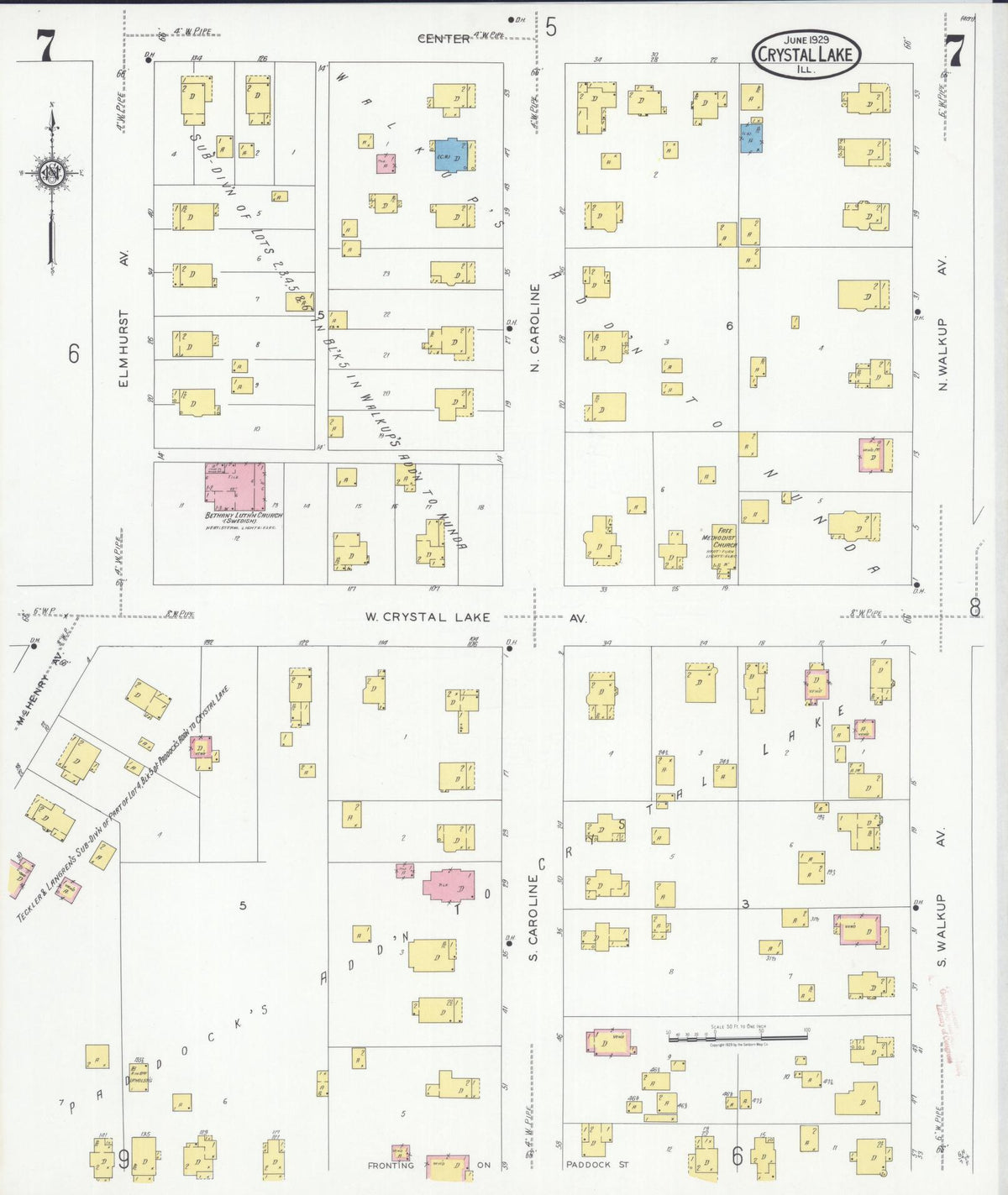 Sanborn Fire Insurance Map from Crystal Lake, McHenry County, Illinois (1929), Sheet #0007 - Complete Map Set gallery image, historic Sanborn map, vintage wall art, Illinois Illinois