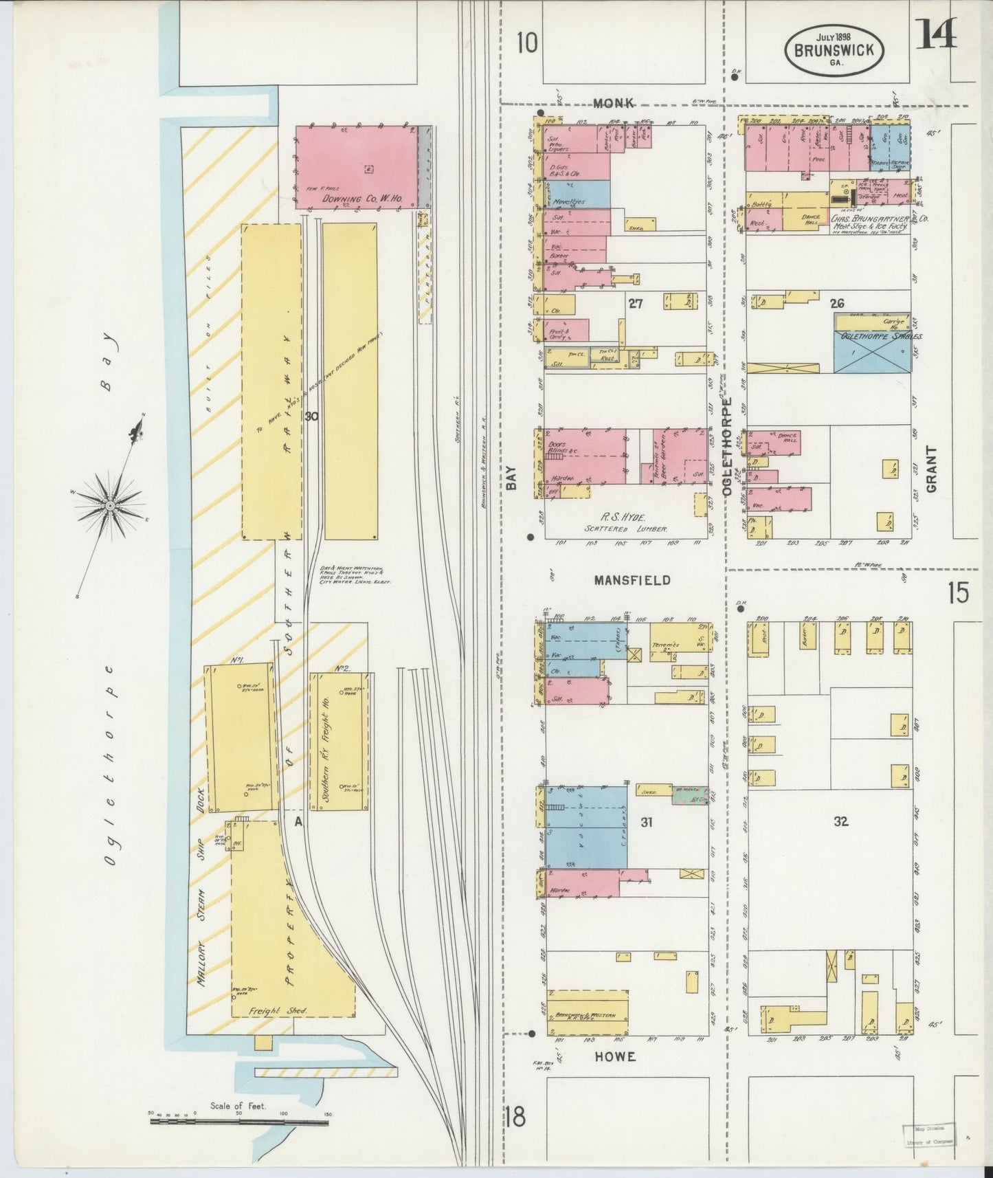Sanborn Fire Insurance Map from Brunswick, Glynn County, Georgia (1898), Sheet #0014 - Historic Sanborn Fire Insurance Map Print, vintage old map wall art, antique decor, genealogy gift, Georgia Georgia map