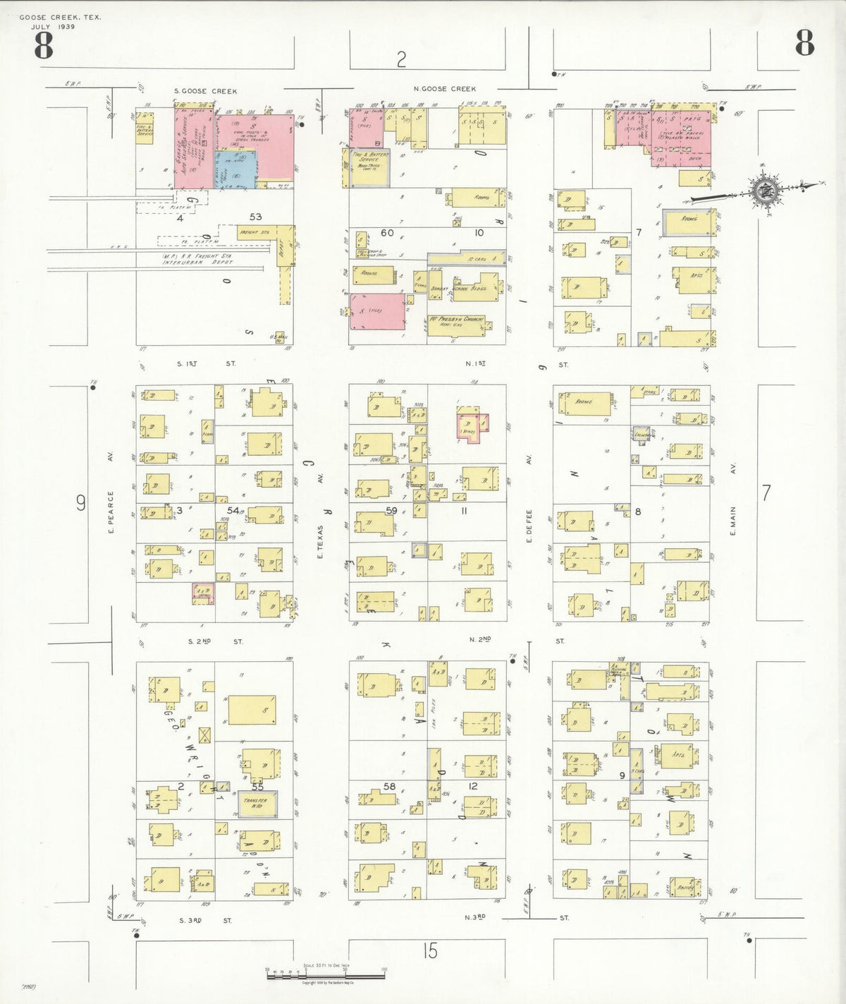 Sanborn Fire Insurance Map from Goose Creek, Harris County, Texas (1939), Sheet #0008 - Historic Sanborn Fire Insurance Map Print, vintage old map wall art, antique decor, genealogy gift, Texas Texas map