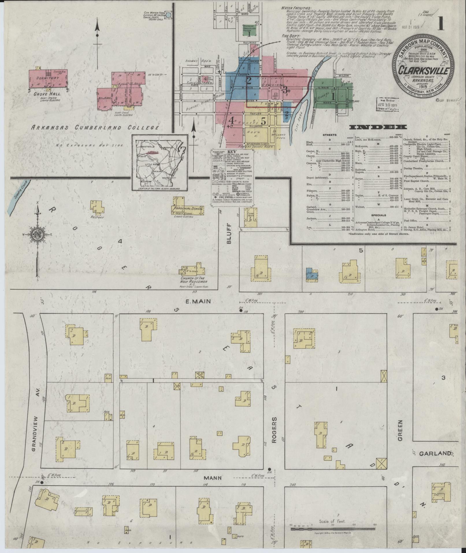 Sanborn Fire Insurance Map from Clarksville, Johnson County, Arkansas. (1919) – Historic Sanborn Fire Insurance Map Print