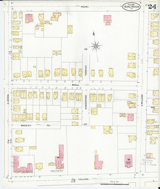 Sanborn Fire Insurance Map from Burlington, Chittenden County, Vermont (1906), Sheet #0024 - Historic Sanborn Fire Insurance Map Print, vintage old map wall art, antique decor, genealogy gift, Vermont Vermont map