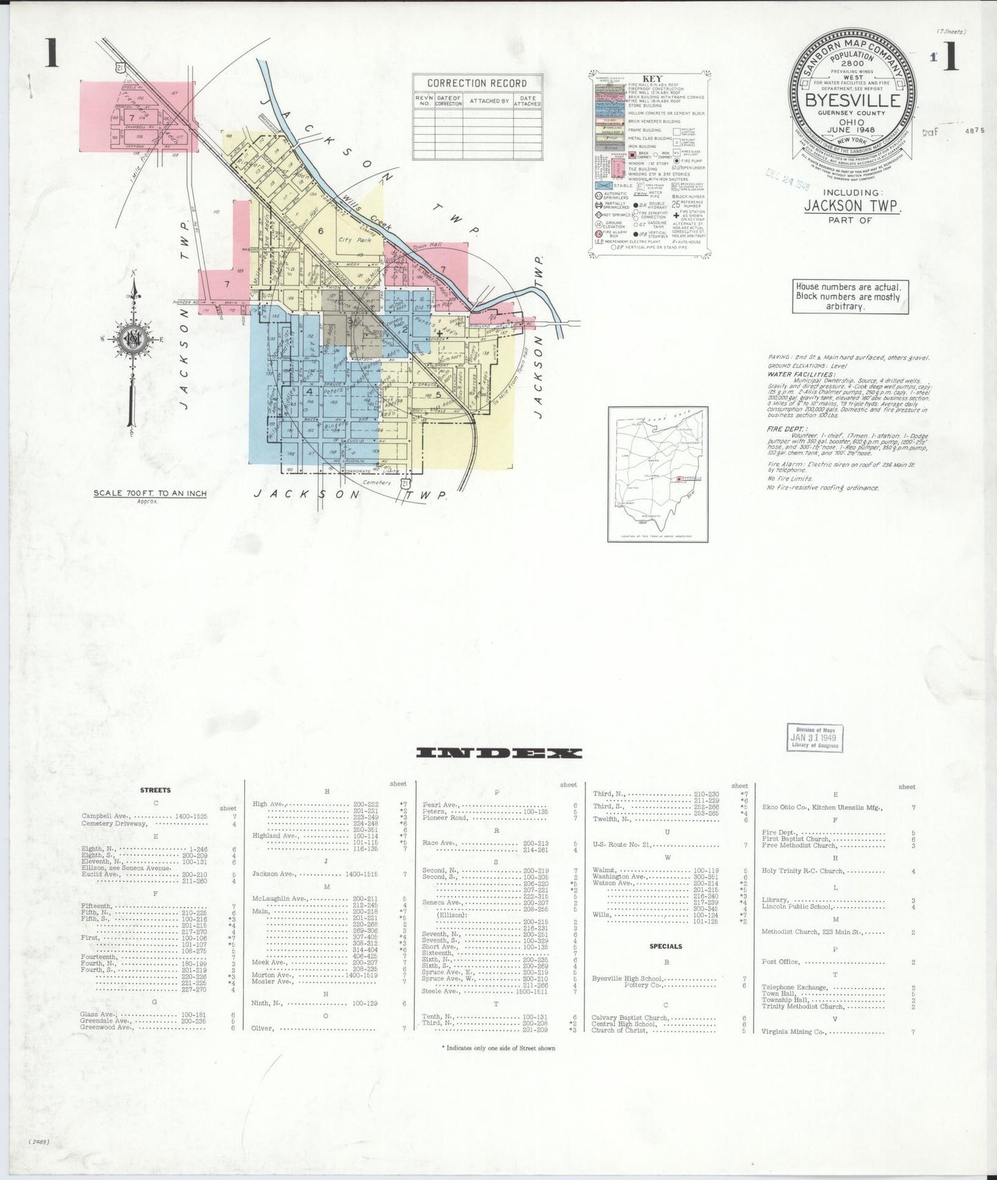 Sanborn Fire Insurance Map from Byesville, Guernsey County, Ohio (1948), Sheet #0001 - Historic Sanborn Fire Insurance Map Print, vintage old map wall art, antique decor, genealogy gift, Ohio Ohio map