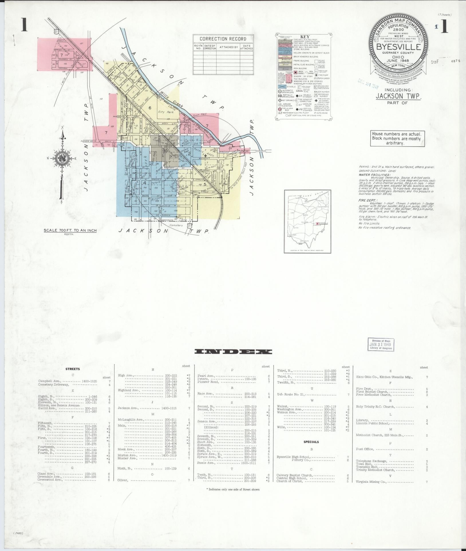 Sanborn Fire Insurance Map from Byesville, Guernsey County, Ohio (1948), Sheet #0001 - Historic Sanborn Fire Insurance Map Print, vintage old map wall art, antique decor, genealogy gift, Ohio Ohio map