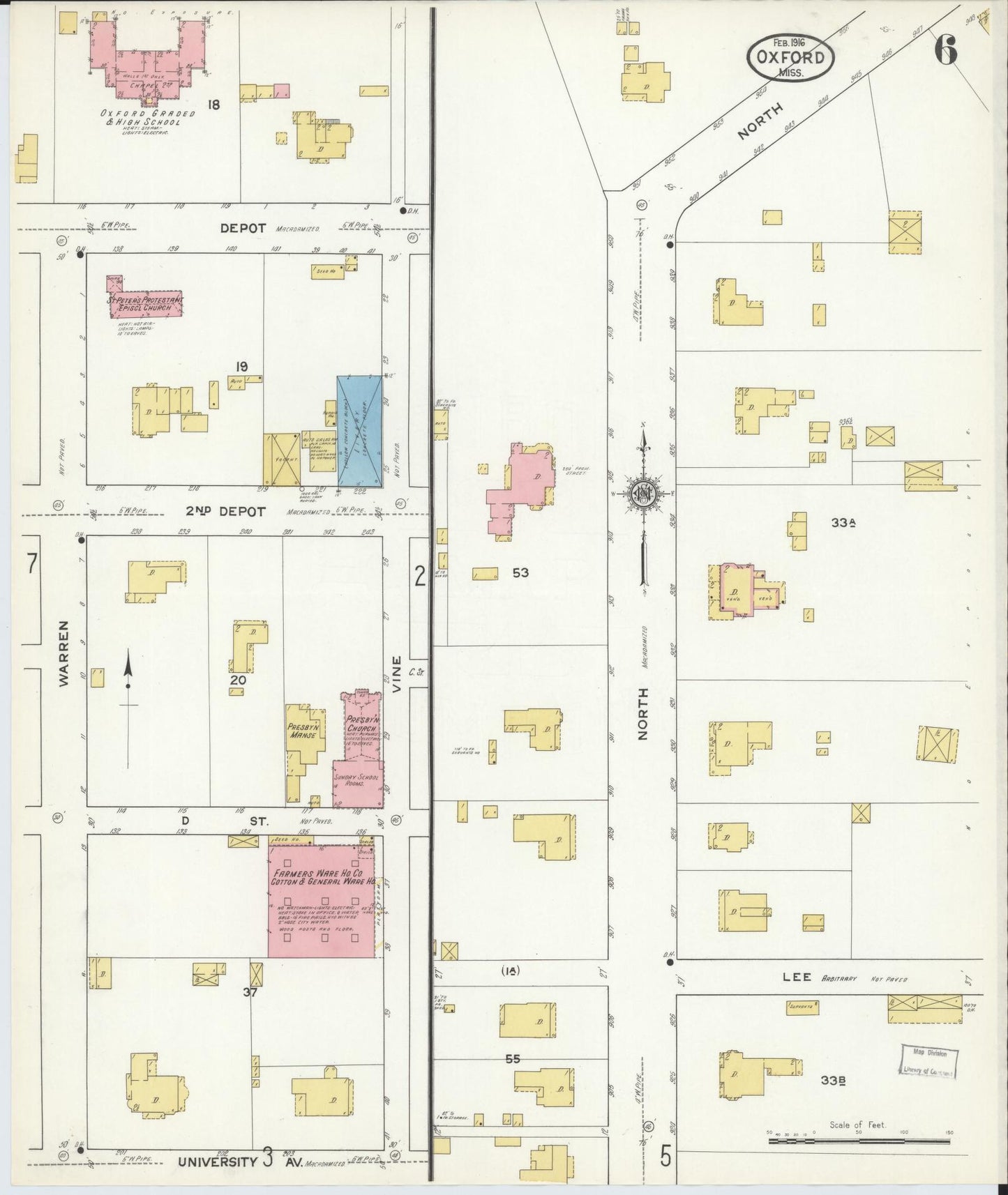Sanborn Fire Insurance Map from Oxford, Lafayette County, Mississippi (1916), Sheet #0006 - Historic Sanborn Fire Insurance Map Print, vintage old map wall art, antique decor, genealogy gift, Mississippi Mississippi map