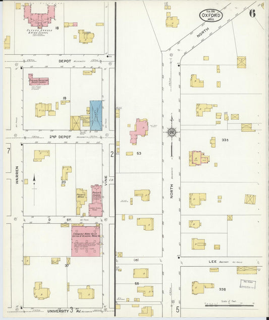 Sanborn Fire Insurance Map from Oxford, Lafayette County, Mississippi (1916), Sheet #0006 - Historic Sanborn Fire Insurance Map Print, vintage old map wall art, antique decor, genealogy gift, Mississippi Mississippi map