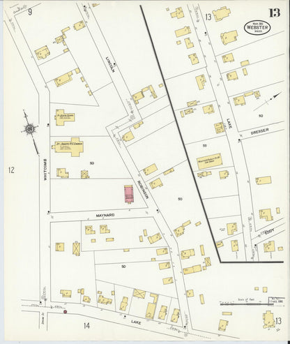 Sanborn Fire Insurance Map from Webster, Worcester County, Massachusetts (1911), Sheet #0013 - Historic Sanborn Fire Insurance Map Print, vintage old map wall art, antique decor, genealogy gift, Massachusetts Massachusetts map