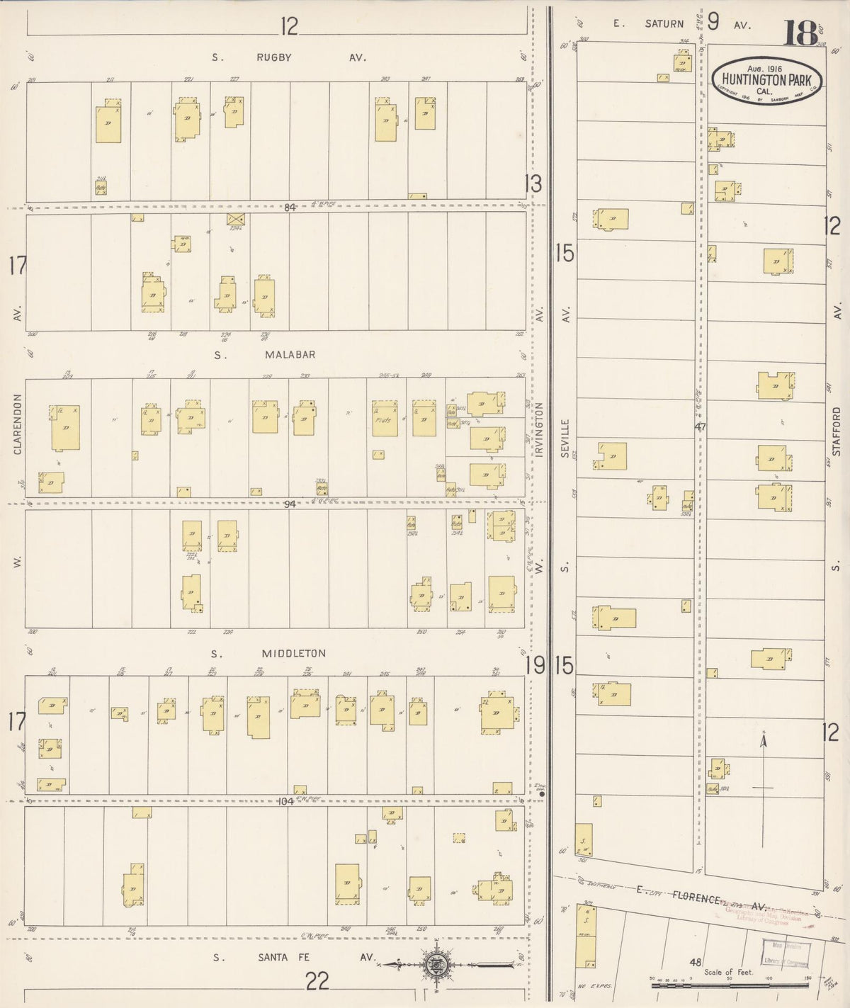 Sanborn Fire Insurance Map from Huntington Park, Los Angeles County, California (1916), Sheet #0018 - Complete Map Set gallery image, historic Sanborn map, vintage wall art, California California
