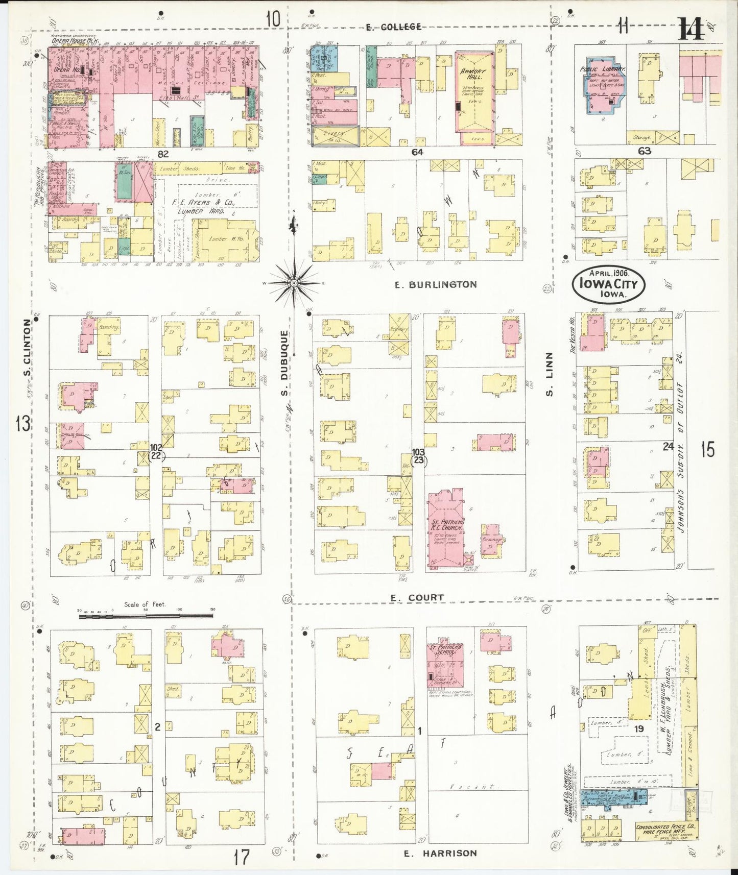 Sanborn Fire Insurance Map from Iowa City, Johnson County, Iowa (1906), Sheet #0014 - Historic Sanborn Fire Insurance Map Print, vintage old map wall art
