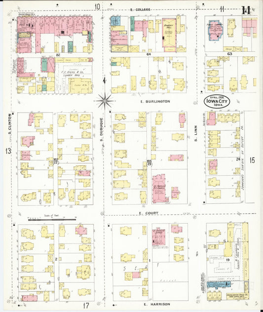 Sanborn Fire Insurance Map from Iowa City, Johnson County, Iowa (1906), Sheet #0014 - Historic Sanborn Fire Insurance Map Print, vintage old map wall art