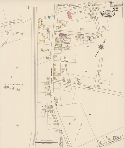 Sanborn Fire Insurance Map from Leominster, Worcester County, Massachusetts (1922), Sheet #0022 - Historic Sanborn Fire Insurance Map Print, vintage old map wall art, antique decor, genealogy gift, Massachusetts Massachusetts map