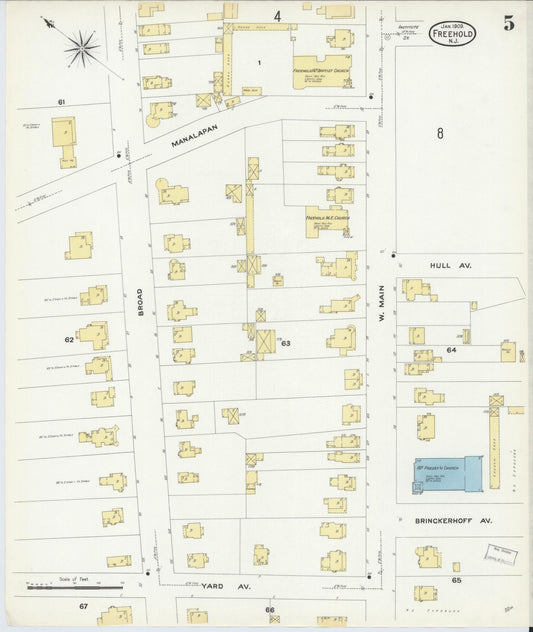 Sanborn Fire Insurance Map from Freehold, Monmouth County, New Jersey (1909), Sheet #0005 - Historic Sanborn Fire Insurance Map Print, vintage old map wall art, antique decor, genealogy gift, New Jersey New Jersey map