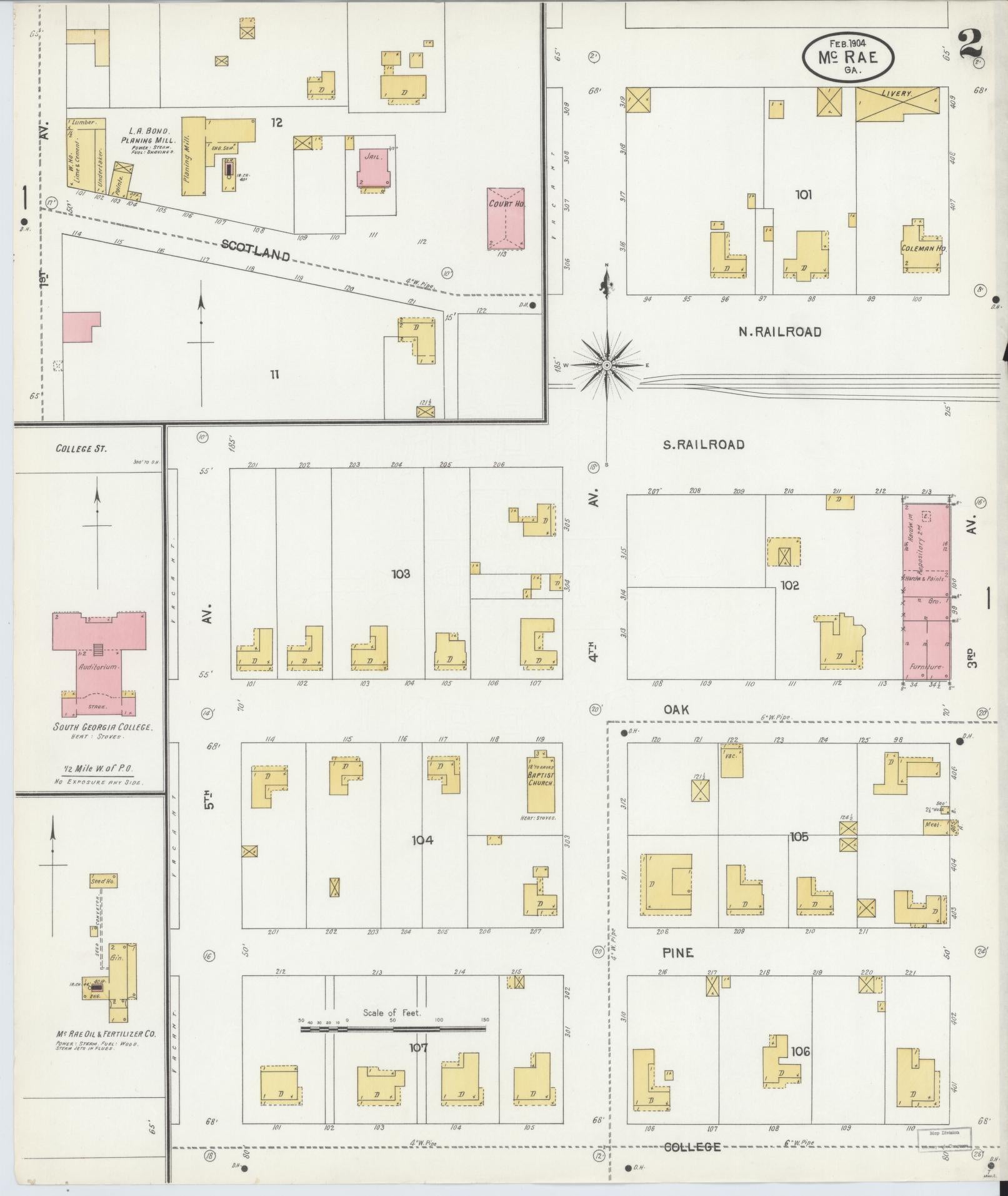 Sanborn Fire Insurance Map from Mcrae, Telfair County, Georgia (1904), Sheet #0002 - Complete Map Set gallery image, historic Sanborn map, vintage wall art, Georgia Georgia