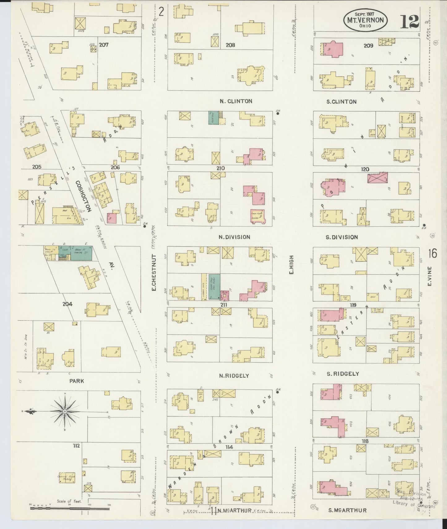 Sanborn Fire Insurance Map from Mount Vernon, Knox County, Ohio (1907), Sheet #0012 - Historic Sanborn Fire Insurance Map Print, vintage old map wall art, antique decor, genealogy gift, Ohio Ohio map