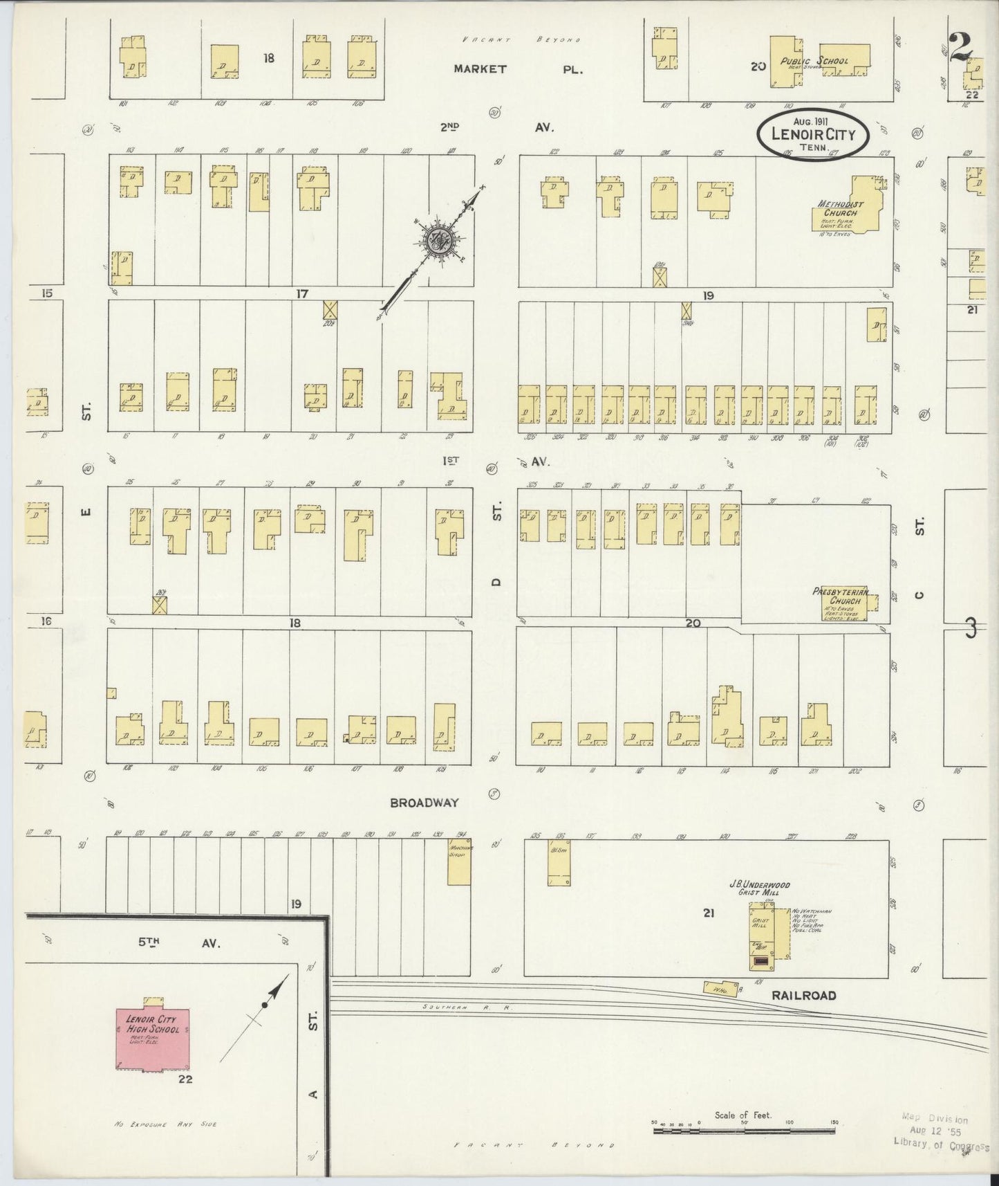 Sanborn Fire Insurance Map from Lenoir City, Loudon County, Tennessee (1911), Sheet #0002 - Complete Map Set gallery image, historic Sanborn map, vintage wall art, Tennessee Tennessee