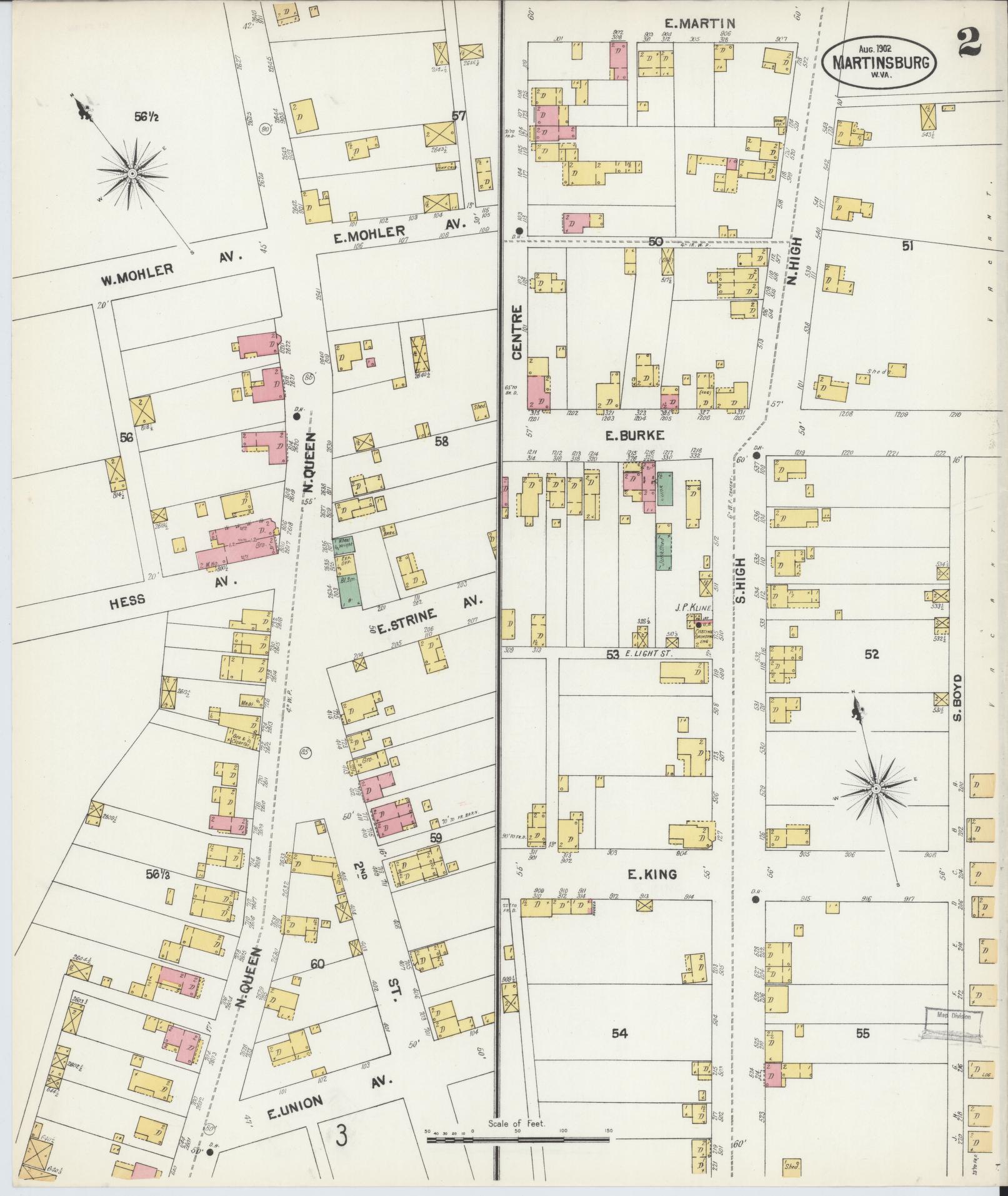 Sanborn Fire Insurance Map from Martinsburg, Berkeley County, West Virginia (1902), Sheet #0002 - Historic Sanborn Fire Insurance Map Print, vintage old map wall art, antique decor, genealogy gift, West Virginia West Virginia map